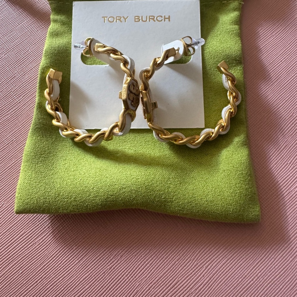 Tory Burch Gold and White Chain Earrings